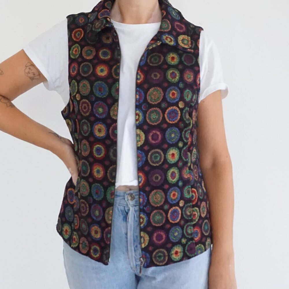 Christopher & Banks Black Multicolor Circle Pattern Zip Vest Boho Aztec S